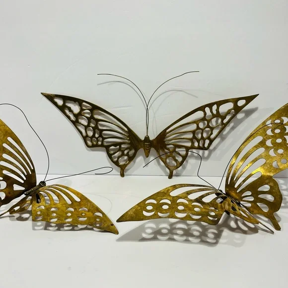 Vintage 1970’s Midcentury Modern Brass Set of 3 Large Butterflies Wall Decor